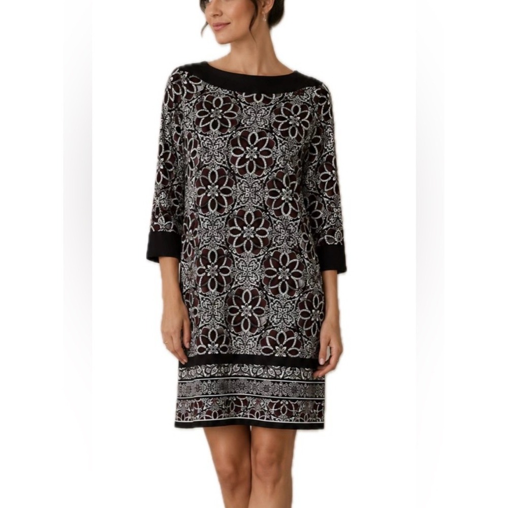White House Black Market Women's S Black White Floral Boat Neck Shift Dress